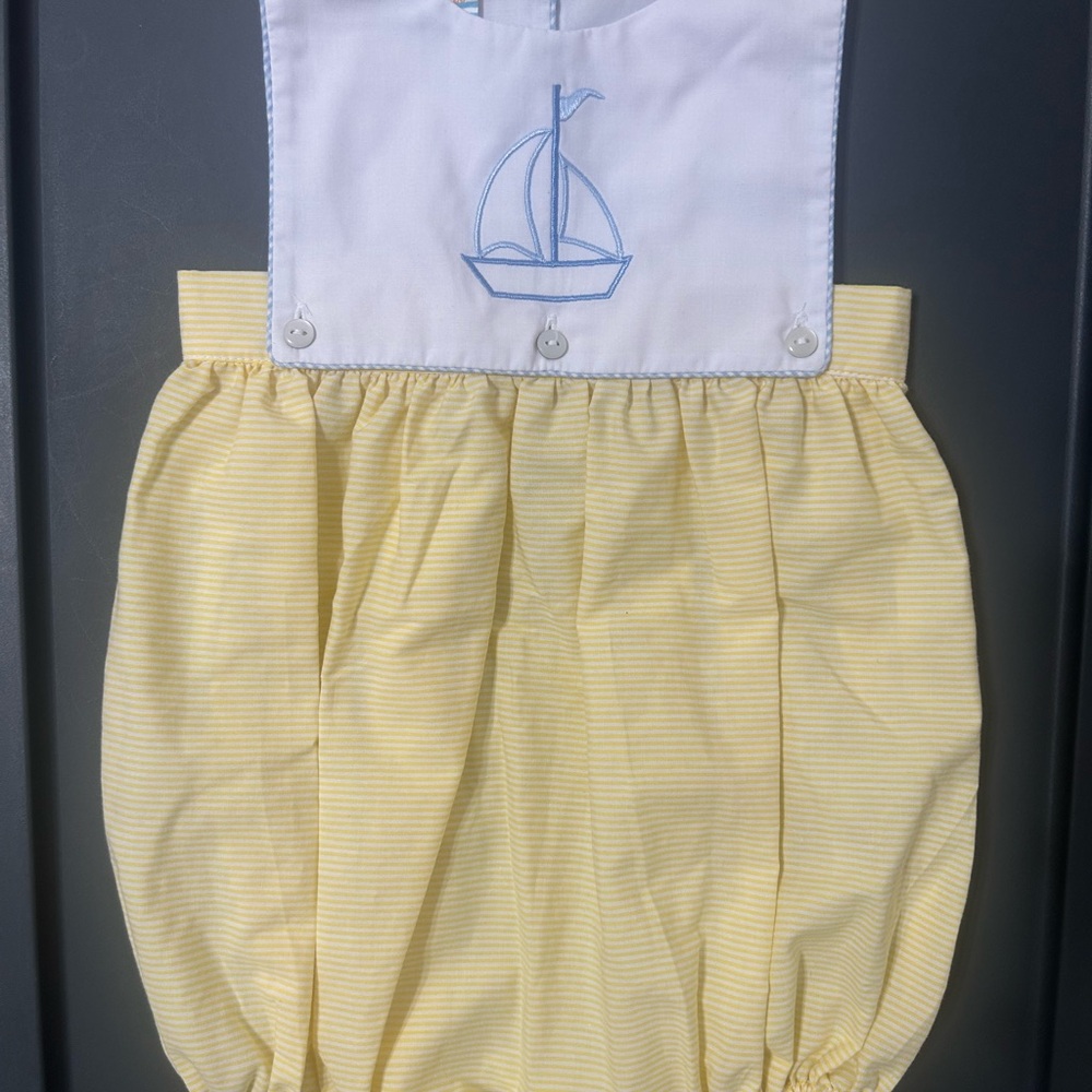 Yellow and White Sailboat Embroidered Baby Romper